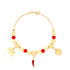 The Lovely Elephant, Clover, and Chili Lucky Charm Bracelet in 14k gold-filled design features textured beads with red accents. It incorporates three lucky charm elements: a small elephant, a red chili pepper, and a floral design for spiritual protection. The bracelet is secured with a lobster clasp closure.